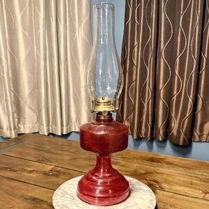 VTG 20" Risdon Eagle Flashed Red Ruby Homesteader Oil Lamp Lantern Clear Chimney